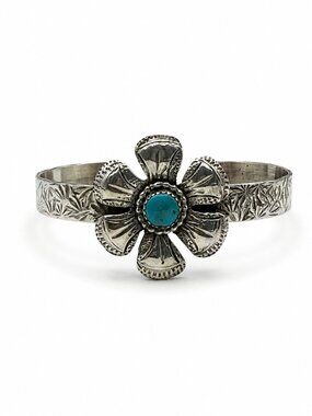 Navajo Karlene Goodluck Sterling Turquoise Flower Cuff Bracelet 6.5